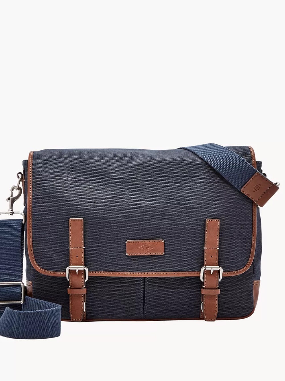 Fossil Graham Blue Gray Canvas Messenger Bag with Brown Leather Trim